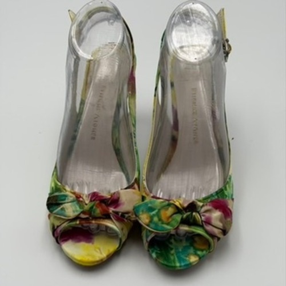 Etienne Aigner Darla Slingback Heels Womens 7.5M Floral Peep Toe Bow Good Green - Picture 2 of 7